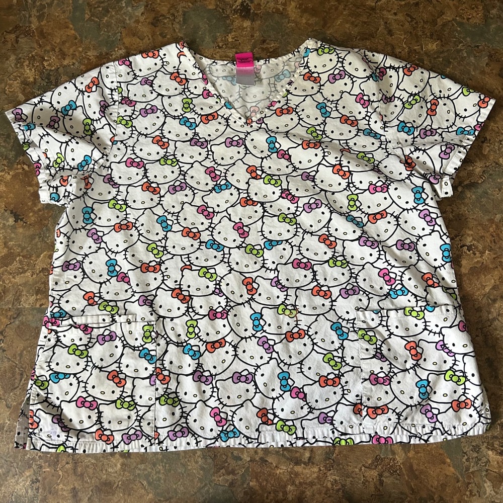 Hello Kitty By Sanrio Scrub Top Womens Size 2XL White Short Sleeve Work Shirt